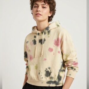 NWT AFRM Cropped Hoodie Sweatshirt SMALL Beige Tan Pink Tie Dye Drawstring